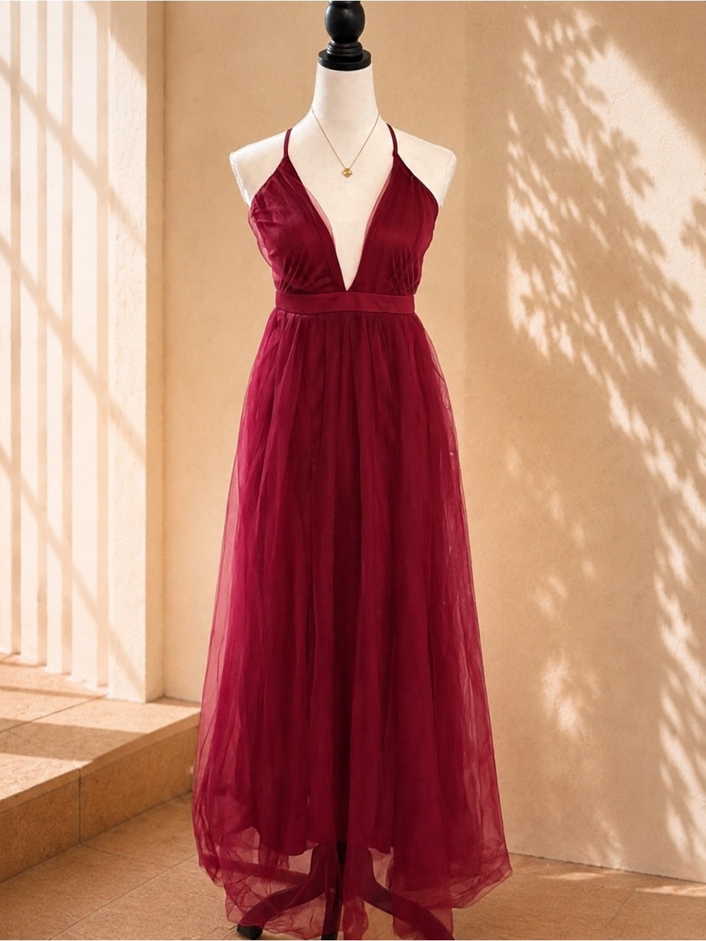 SHEIN Burgundy Velvet Tulle Maxi Dress Size M